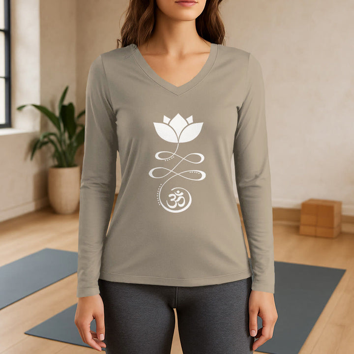 Olivenorma Yoga Lotus Flower Om Symbol T-shirt a maniche lunghe con scollo a V - Cachi - 3XL - image 17