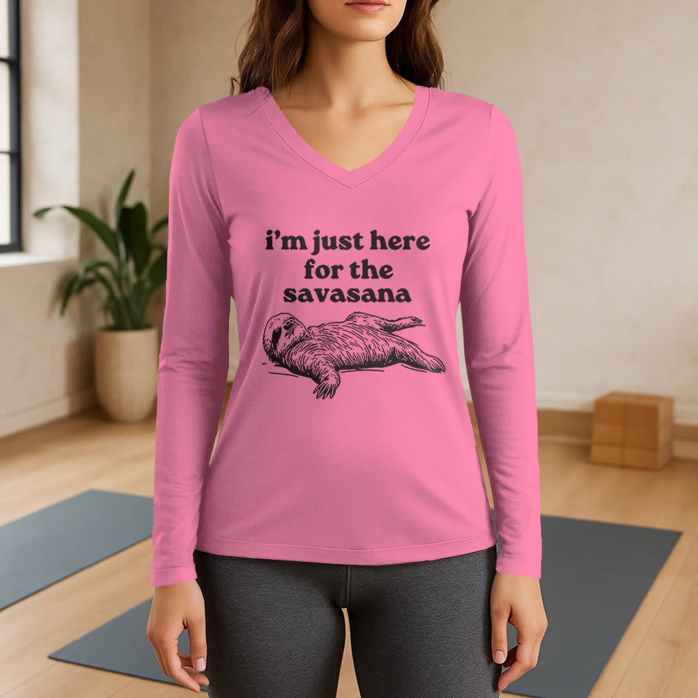 Olivenorma I'm Just Here for Savasana Maglietta a maniche lunghe con scollo a V - Rosa - 3XL - image 1