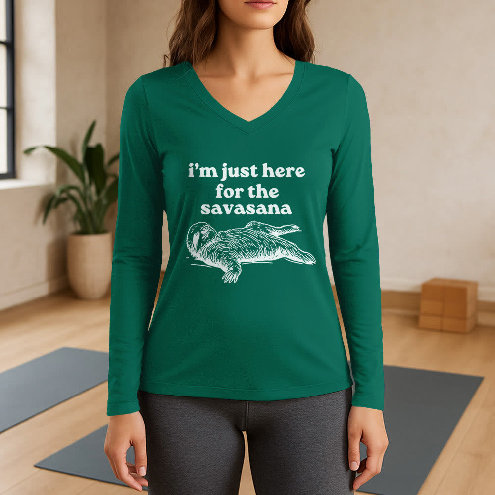 Olivenorma I'm Just Here for Savasana Maglietta a maniche lunghe con scollo a V - Verde - 3XL - image 12