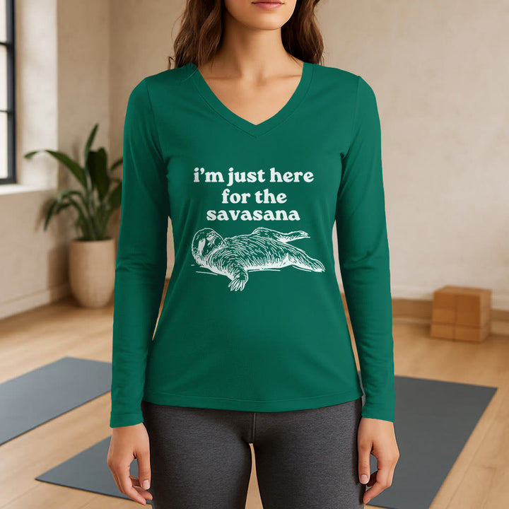 Olivenorma I'm Just Here for Savasana Maglietta a maniche lunghe con scollo a V - Verde - 3XL - image 12