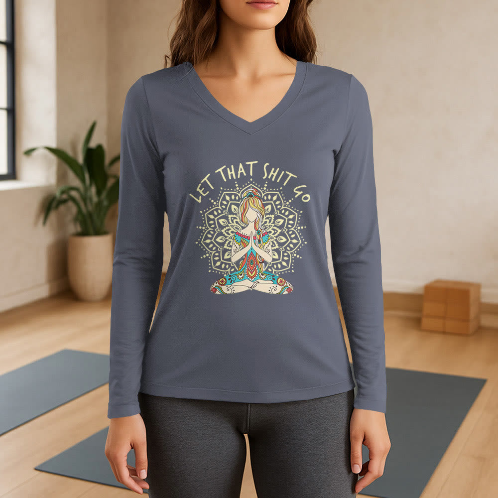 Olivenorma "Let That Shit Go" Maglietta a maniche lunghe con scollo a V e scritta Yoga Meditation - Grigio - 3XL - image 16
