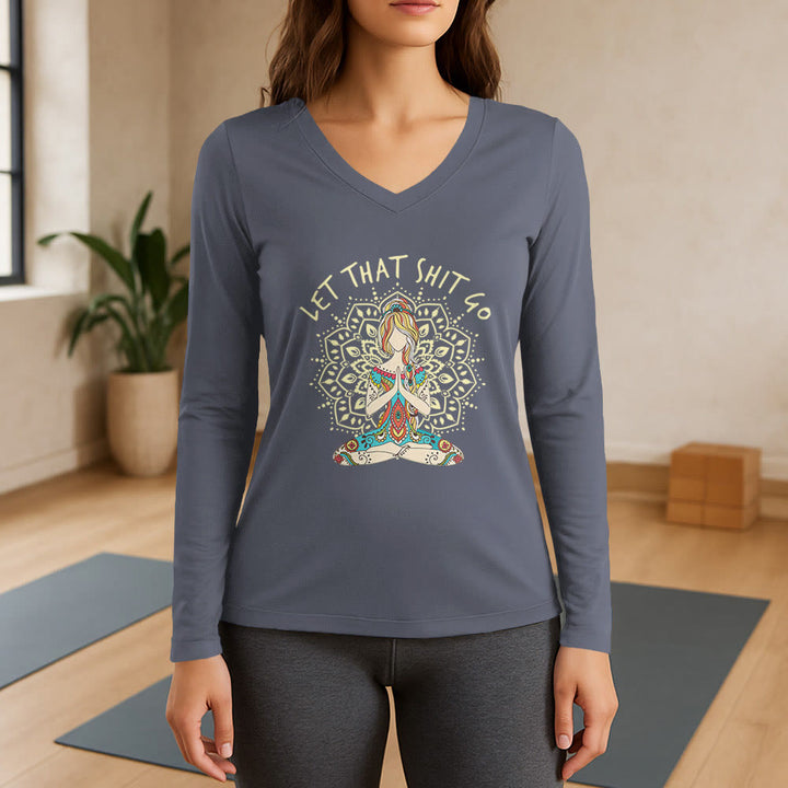 Olivenorma "Let That Shit Go" Maglietta a maniche lunghe con scollo a V e scritta Yoga Meditation - Grigio - 3XL - image 16
