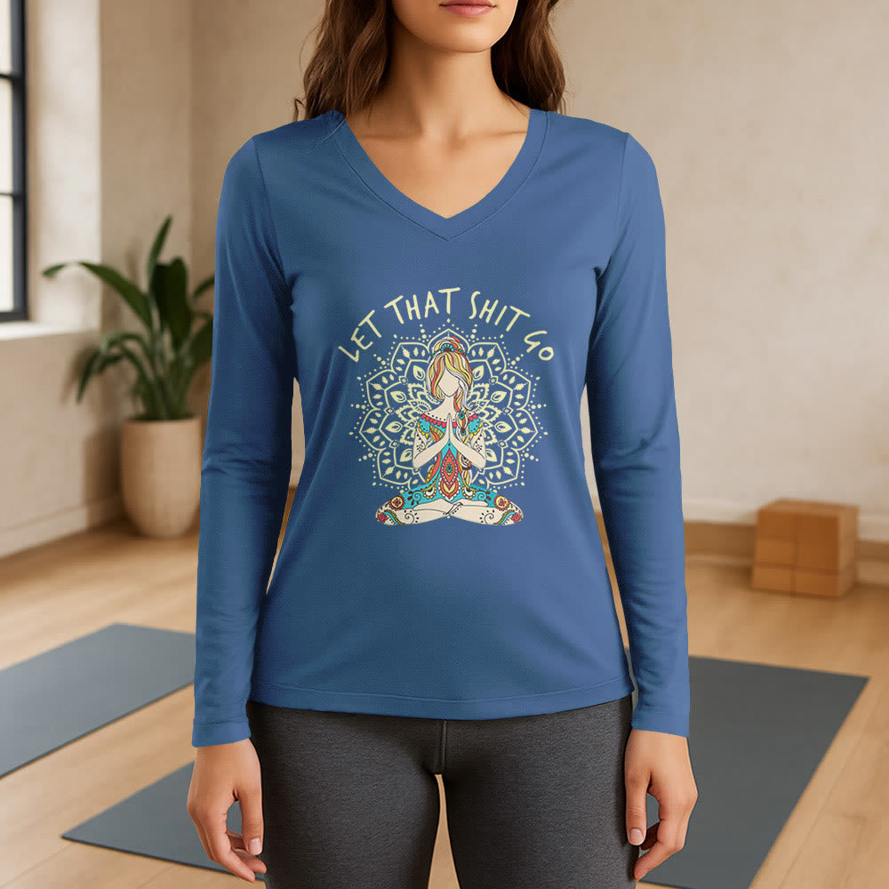 Olivenorma "Let That Shit Go" Maglietta a maniche lunghe con scollo a V e scritta Yoga Meditation - Blu - 3XL - image 12