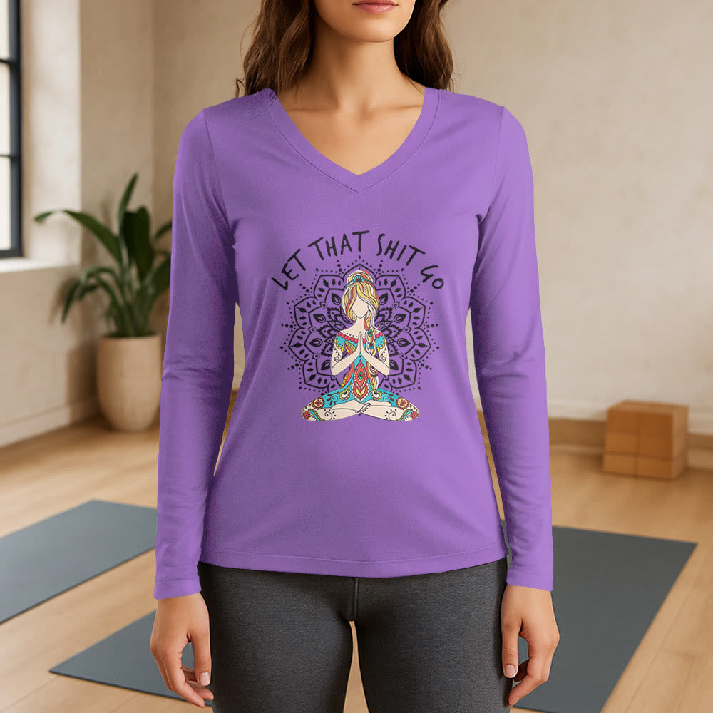 Olivenorma "Let That Shit Go" Maglietta a maniche lunghe con scollo a V e scritta Yoga Meditation - Viola - 3XL - image 14