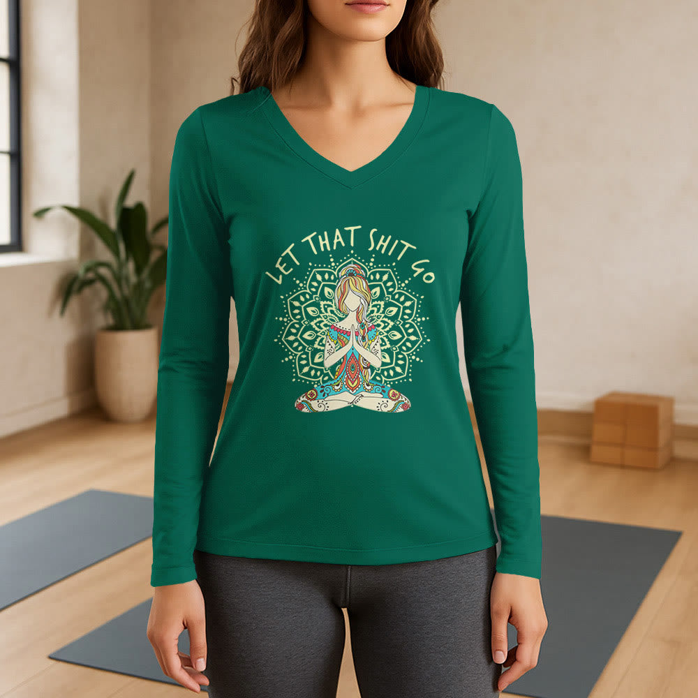 Olivenorma "Let That Shit Go" Maglietta a maniche lunghe con scollo a V e scritta Yoga Meditation - Verde - 3XL - image 11
