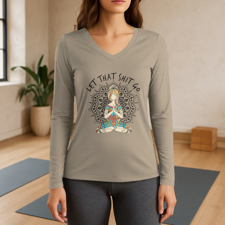 Olivenorma "Let That Shit Go" Maglietta a maniche lunghe con scollo a V e scritta Yoga Meditation - Cachi - 3XL - image 17