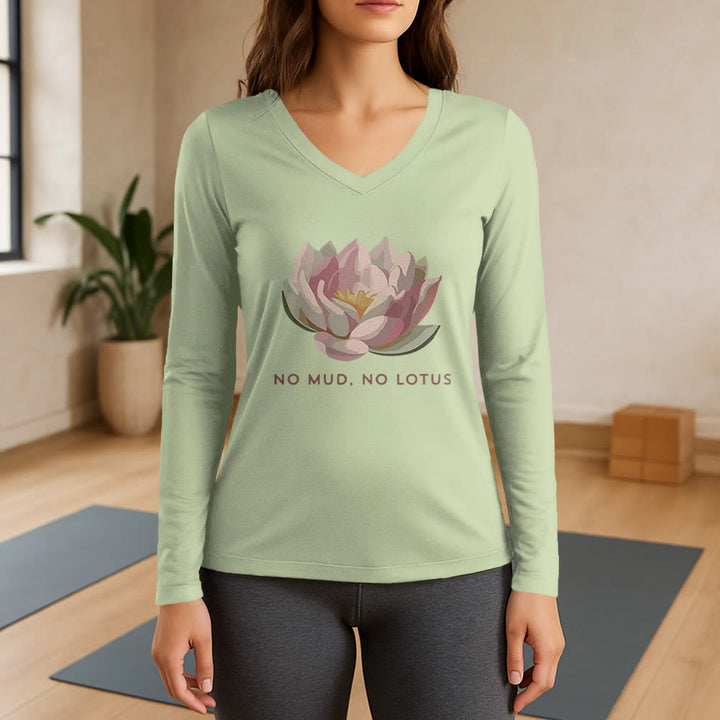 Olivenorma "NO MUD, NO LOTUS" Maglietta da yoga a maniche lunghe con scollo a V - Verde chiaro - 3XL - image 9