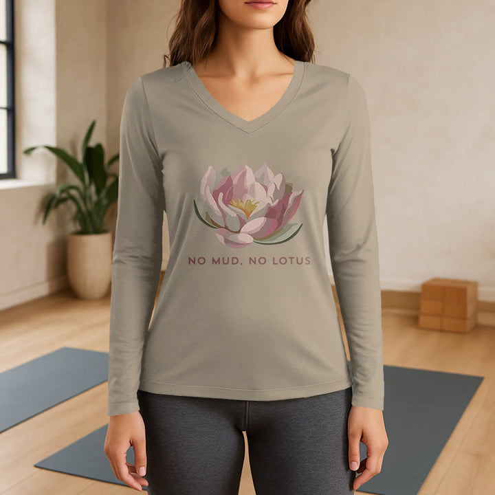 Olivenorma "NO MUD, NO LOTUS" Maglietta da yoga a maniche lunghe con scollo a V - Cachi - 3XL - image 17