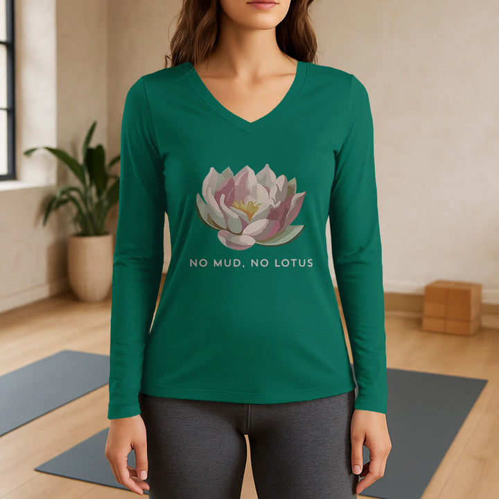 Olivenorma "NO MUD, NO LOTUS" Maglietta da yoga a maniche lunghe con scollo a V - Verde - 3XL - image 11