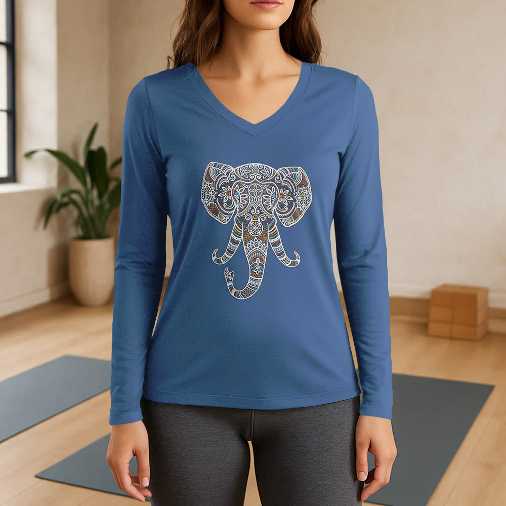 Olivenorma - Maglietta da donna a maniche lunghe con scollo a V e motivo elefante, motivo natura e animali - Blu - 3XL - image 12