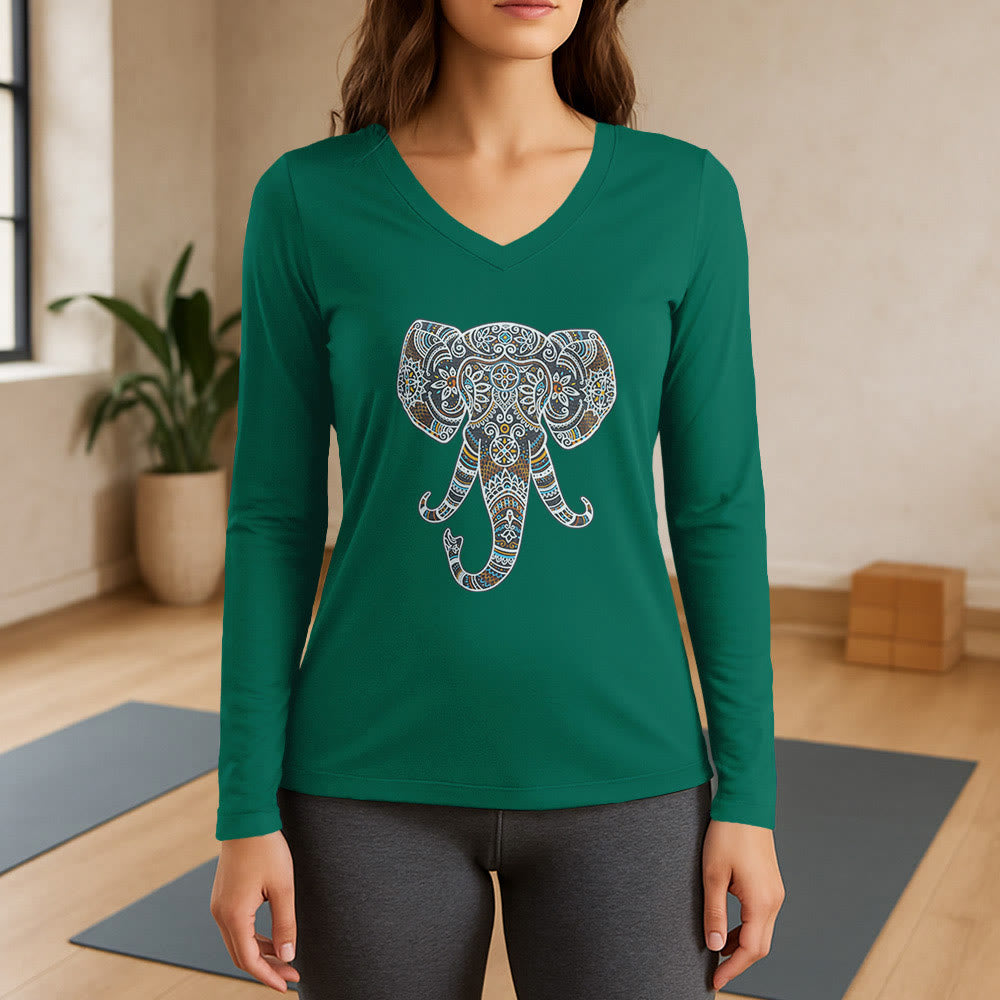 Olivenorma - Maglietta da donna a maniche lunghe con scollo a V e motivo elefante, motivo natura e animali - Verde - 3XL - image 0