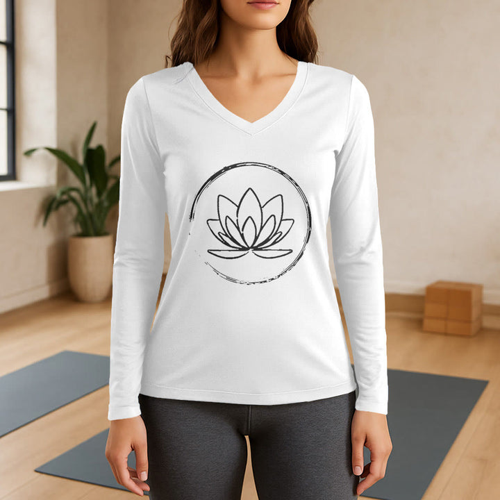 Olivenorma Boho Lotus Flower T-shirt a maniche lunghe con scollo a V - Bianco - 3XL - image 0