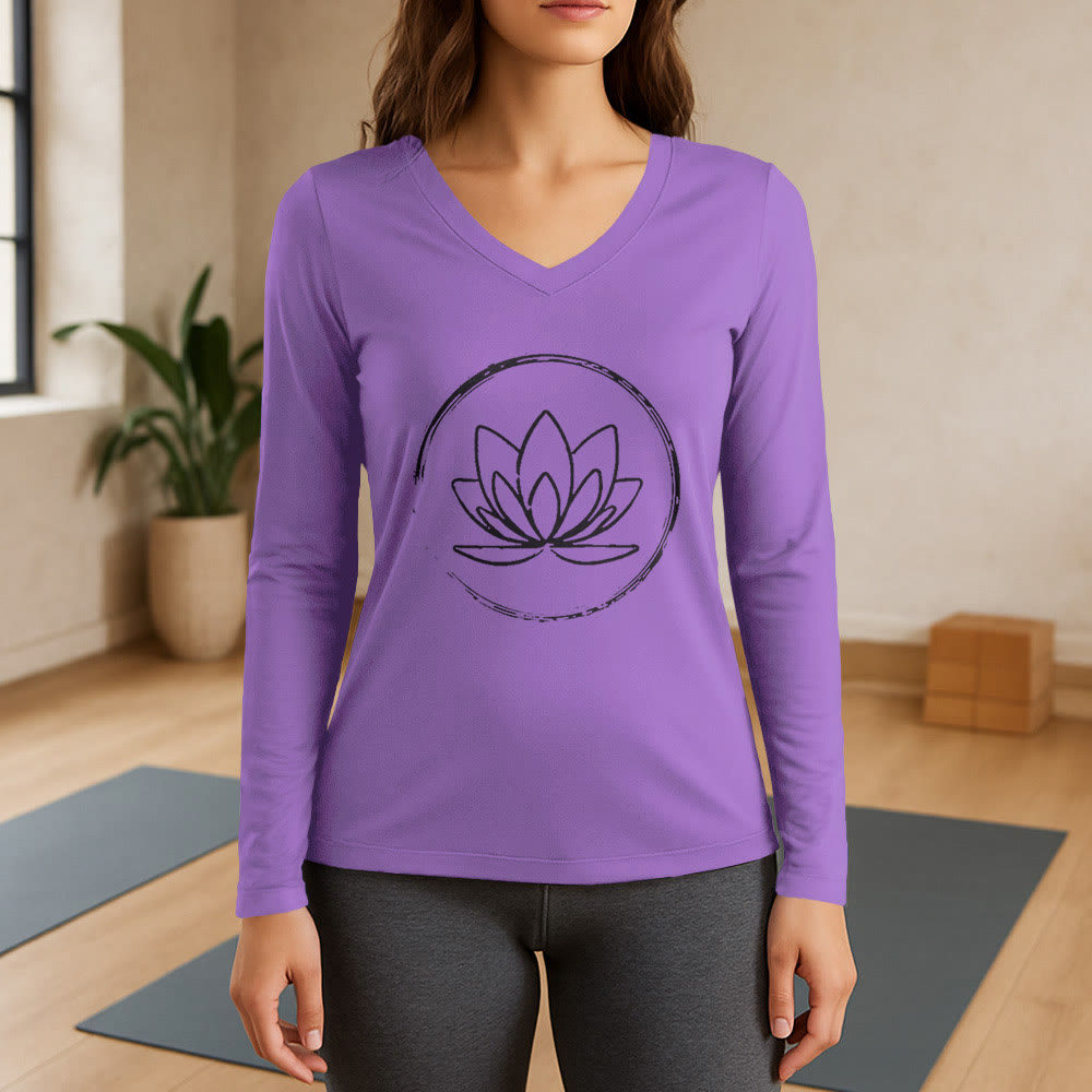 Olivenorma Boho Lotus Flower T-shirt a maniche lunghe con scollo a V - Viola - 3XL - image 14