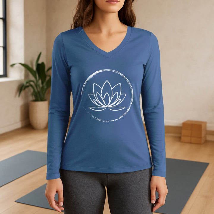 Olivenorma Boho Lotus Flower T-shirt a maniche lunghe con scollo a V - Blu - 3XL - image 12