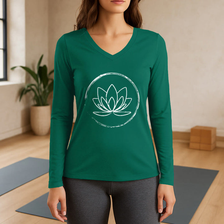 Olivenorma Boho Lotus Flower T-shirt a maniche lunghe con scollo a V - Verde - 3XL - image 11