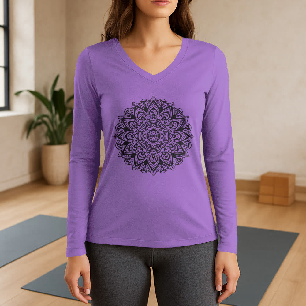 Olivenorma da yoga a maniche lunghe con scollo a V e motivo geometrico a fiori di loto - Viola - 3XL - image 14