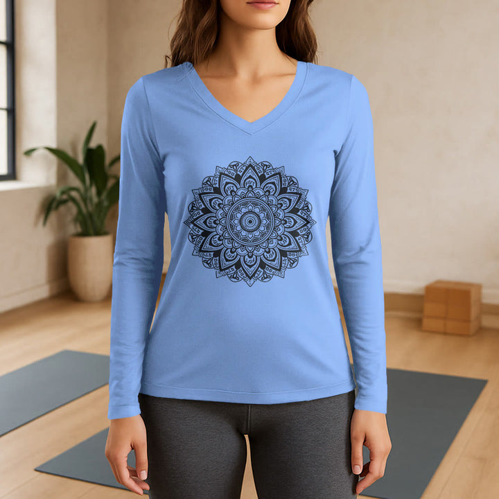 Olivenorma da yoga a maniche lunghe con scollo a V e motivo geometrico a fiori di loto - Azzurro chiaro - 3XL - image 10