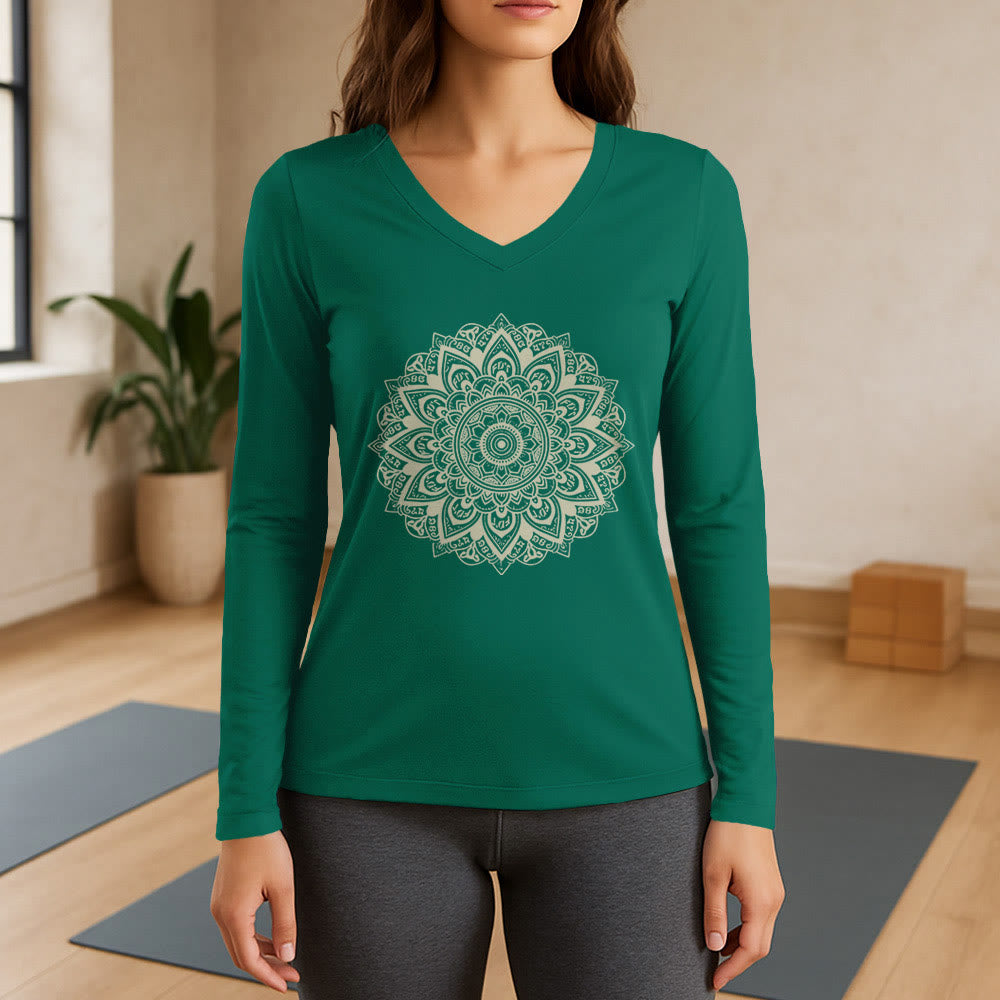 Olivenorma da yoga a maniche lunghe con scollo a V e motivo geometrico a fiori di loto - Verde - 3XL - image 11