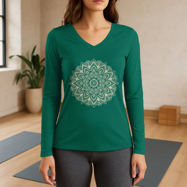 Olivenorma da yoga a maniche lunghe con scollo a V e motivo geometrico a fiori di loto - Verde - 3XL - image 11