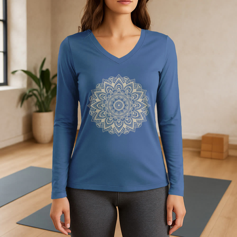 Olivenorma da yoga a maniche lunghe con scollo a V e motivo geometrico a fiori di loto - Blu - 3XL - image 12