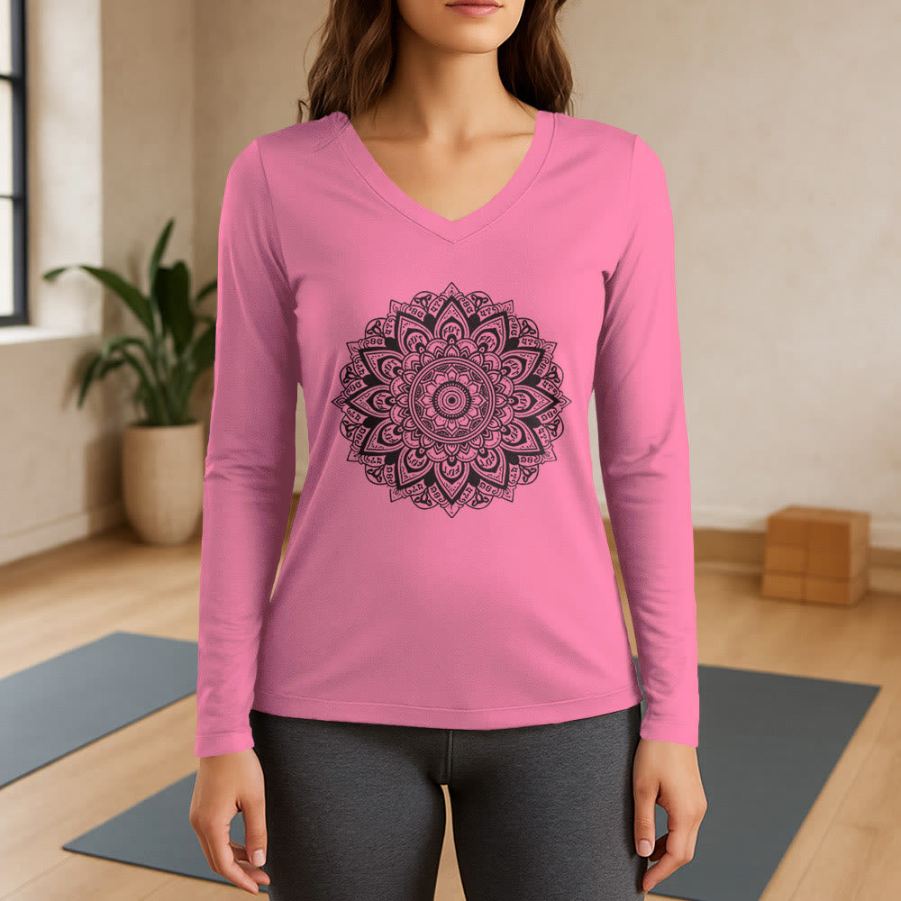 Olivenorma da yoga a maniche lunghe con scollo a V e motivo geometrico a fiori di loto - Rosa - 3XL - image 13