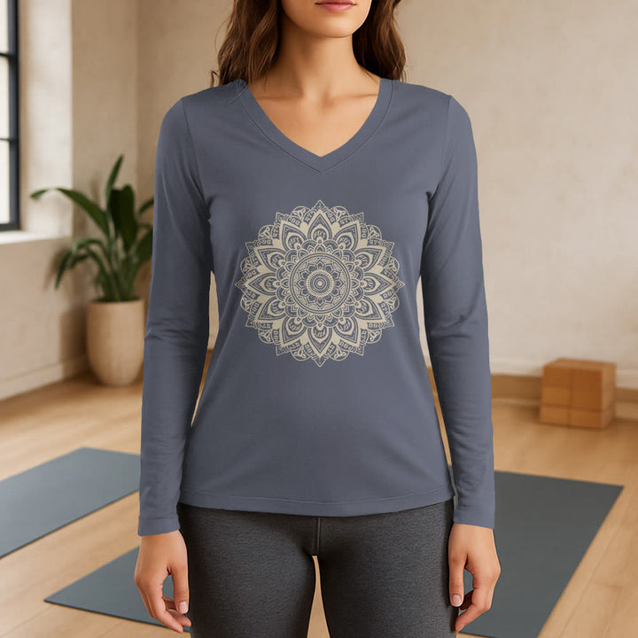 Olivenorma da yoga a maniche lunghe con scollo a V e motivo geometrico a fiori di loto - Grigio - 3XL - image 16