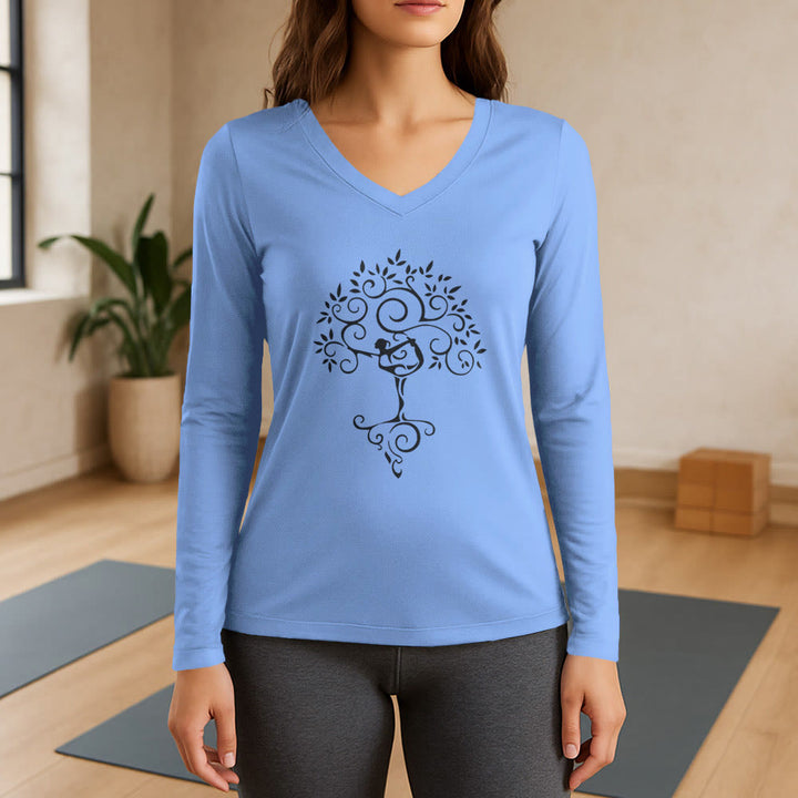 Maglietta a maniche lunghe con scollo a V e posizione dell'albero yoga Olivenorma - Azzurro chiaro - 3XL - image 12