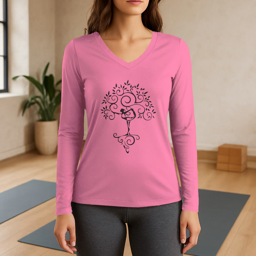 Maglietta a maniche lunghe con scollo a V e posizione dell'albero yoga Olivenorma - Rosa - 3XL - image 14