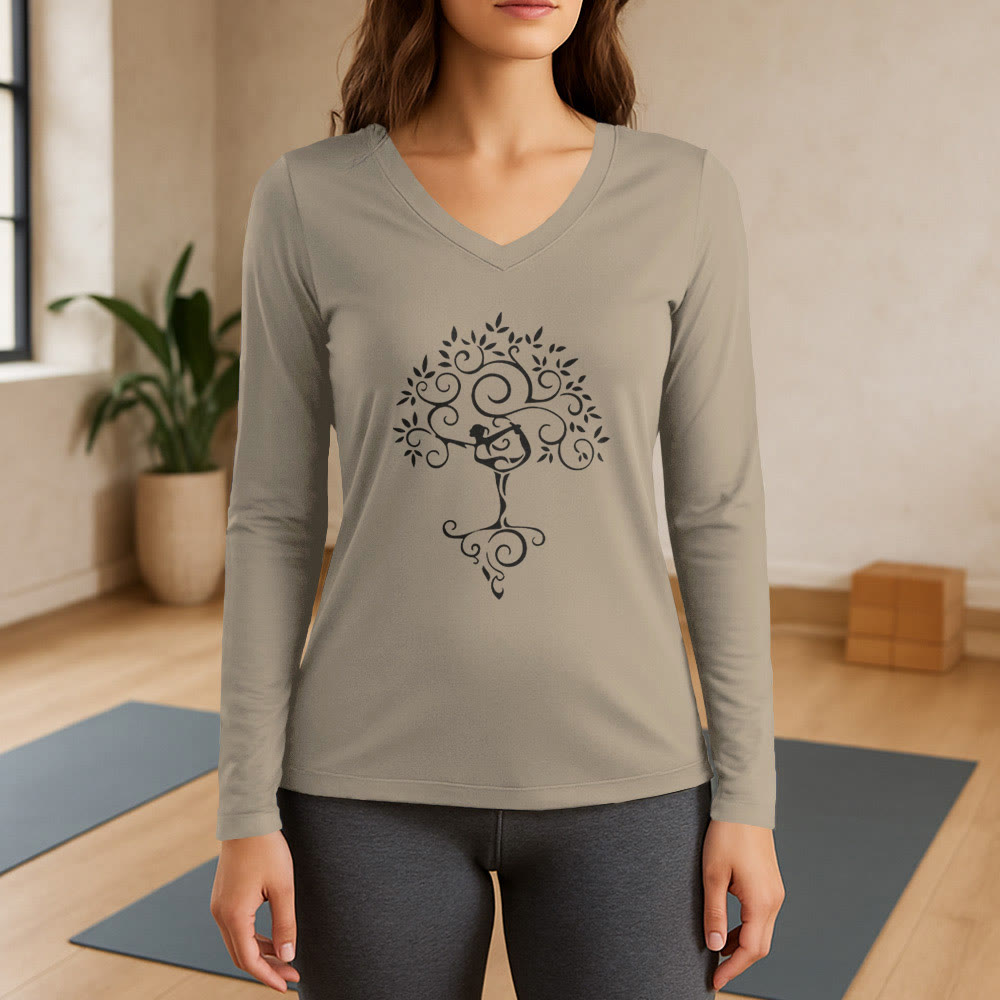 Maglietta a maniche lunghe con scollo a V e posizione dell'albero yoga Olivenorma - Cachi - 3XL - image 18
