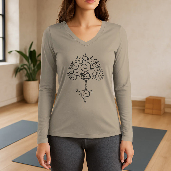 Maglietta a maniche lunghe con scollo a V e posizione dell'albero yoga Olivenorma - Cachi - 3XL - image 18