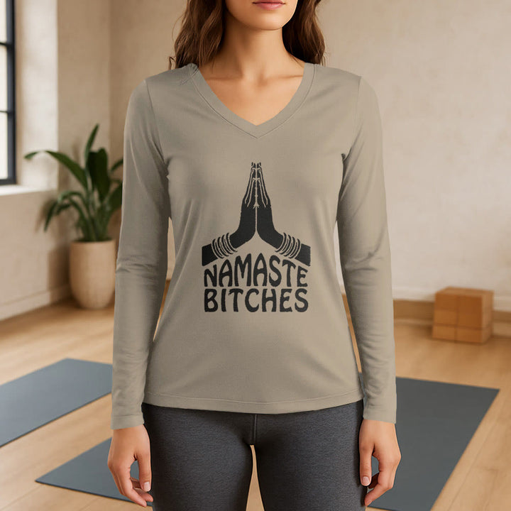 Olivenorma Maglietta divertente con scollo a V e maniche lunghe per meditazione e yoga Namaste - Cachi - 3XL - image 17