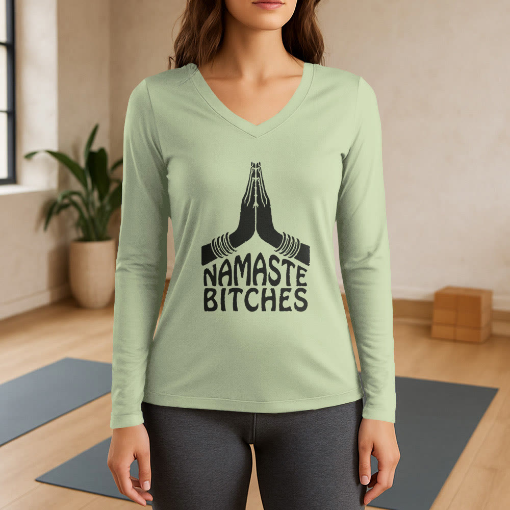 Olivenorma Maglietta divertente con scollo a V e maniche lunghe per meditazione e yoga Namaste - Verde chiaro - 3XL - image 9