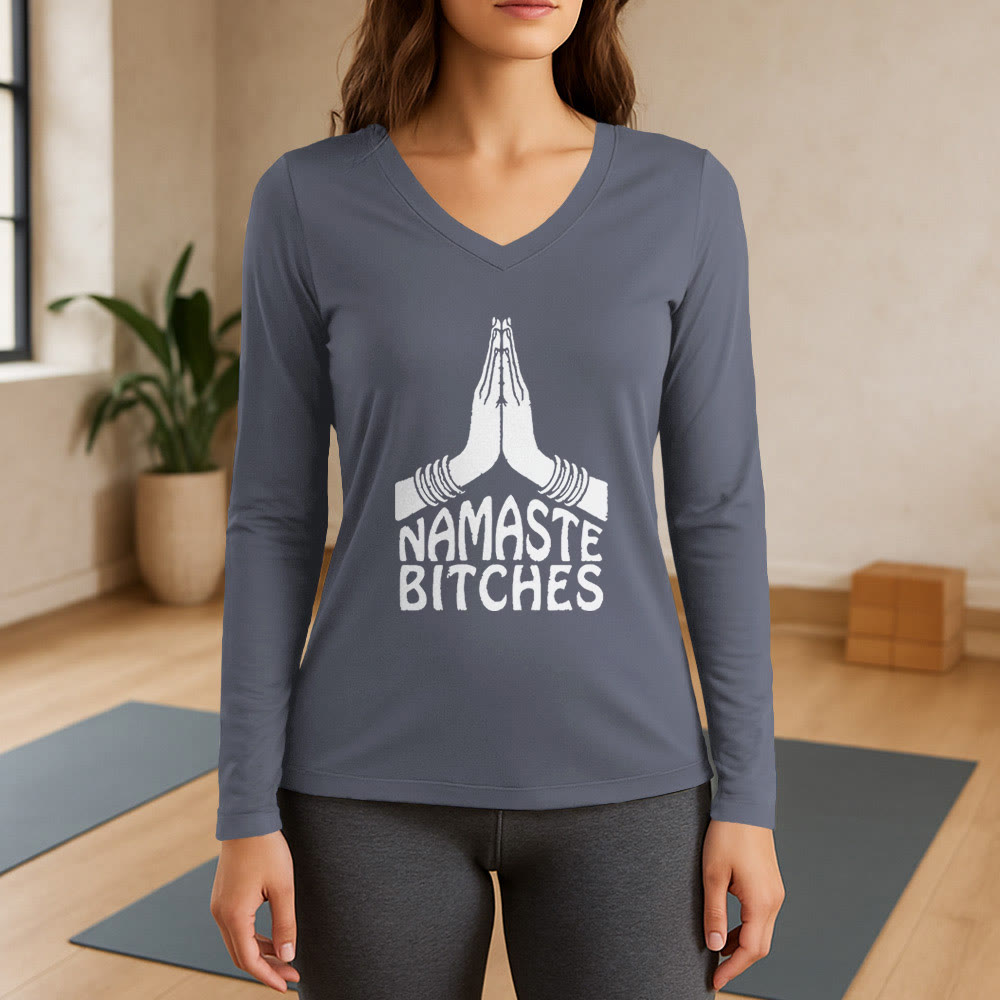 Olivenorma Maglietta divertente con scollo a V e maniche lunghe per meditazione e yoga Namaste - Grigio - 3XL - image 16