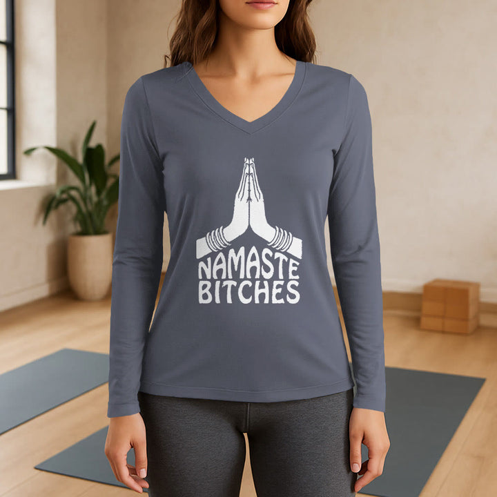 Olivenorma Maglietta divertente con scollo a V e maniche lunghe per meditazione e yoga Namaste - Grigio - 3XL - image 16