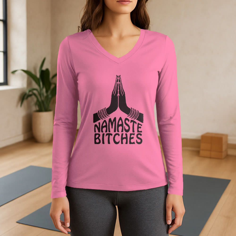 Olivenorma Maglietta divertente con scollo a V e maniche lunghe per meditazione e yoga Namaste - Rosa - 3XL - image 13