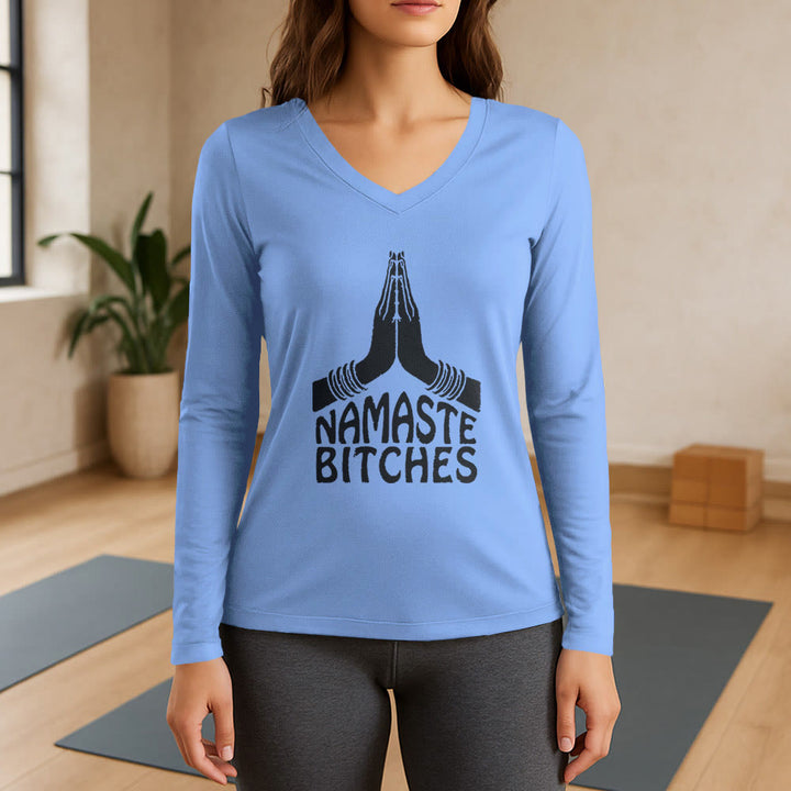 Olivenorma Maglietta divertente con scollo a V e maniche lunghe per meditazione e yoga Namaste - Azzurro chiaro - 3XL - image 10