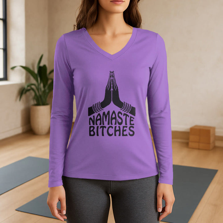 Olivenorma Maglietta divertente con scollo a V e maniche lunghe per meditazione e yoga Namaste - Viola - 3XL - image 14