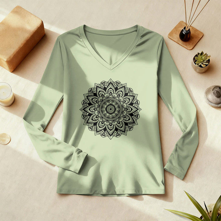 Olivenorma da yoga a maniche lunghe con scollo a V e motivo geometrico a fiori di loto - image 1