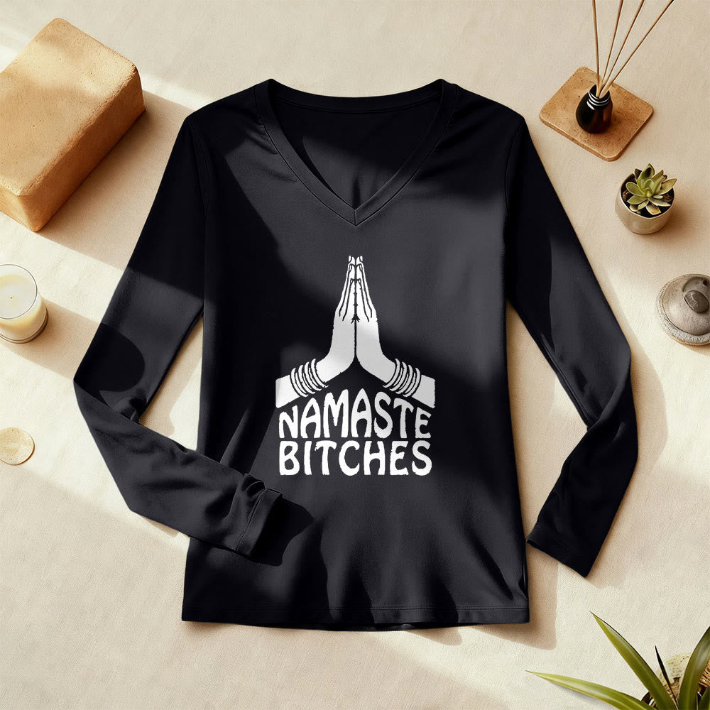 Olivenorma Maglietta divertente con scollo a V e maniche lunghe per meditazione e yoga Namaste - image 1