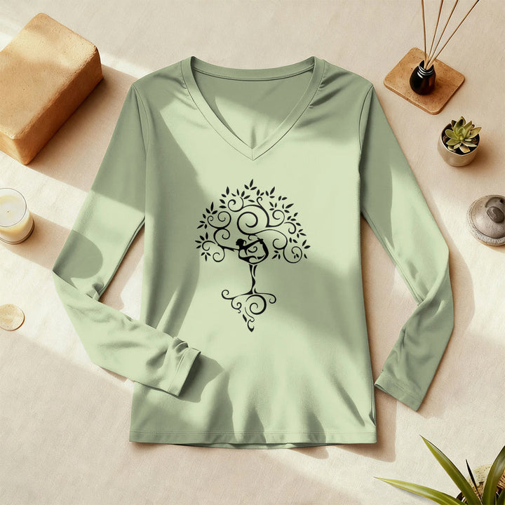 Maglietta a maniche lunghe con scollo a V e posizione dell'albero yoga Olivenorma - Verde chiaro - 3XL - image 0