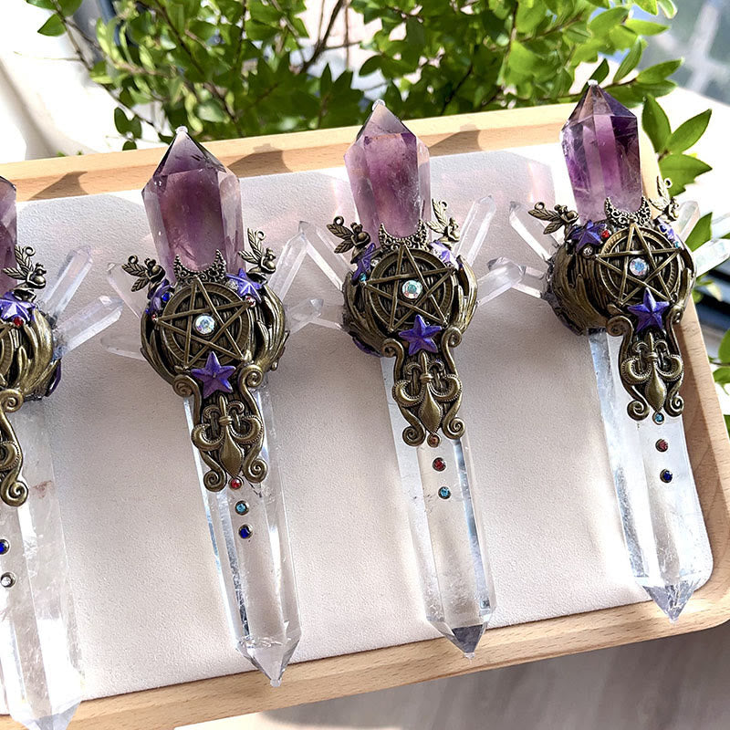 Decorazione con bacchetta di pietra preziosa in ametista naturale e quarzo trasparente Olivenorma - image 2