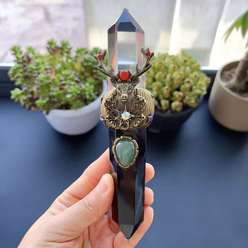 Decorazione con pietra preziosa e bacchetta magica in cristallo naturale Olivenorma - Quarzo ialino e ossidiana - Stile n. 01 - image 1