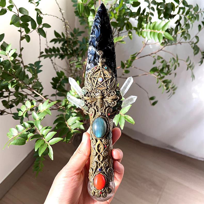 Decorazione con pietra preziosa in cristallo naturale di ossidiana Olivenorma, pugnale e bacchetta - Ossidiana - Pezzo singolo - image 1