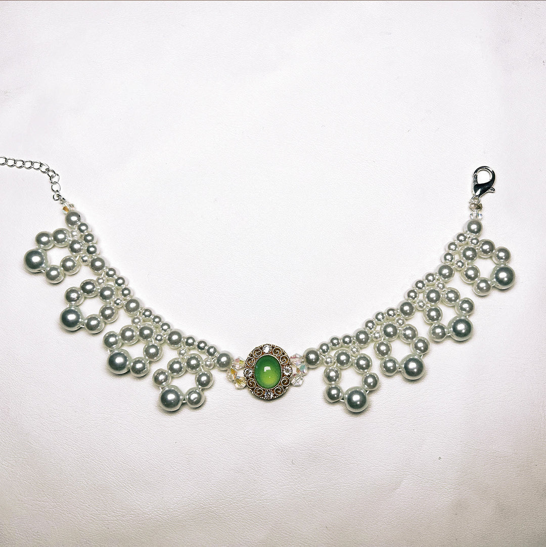 Olivenorma - Collana con collare per animali domestici in stile vintage con perle fatte a mano - Occhio di gatto e perla d'acqua dolce - Verde - XL(35-43 cm) - image 3