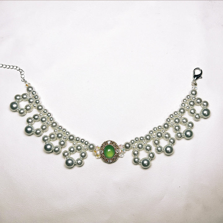 Olivenorma - Collana con collare per animali domestici in stile vintage con perle fatte a mano - Occhio di gatto e perla d'acqua dolce - Verde - XL(35-43 cm) - image 3