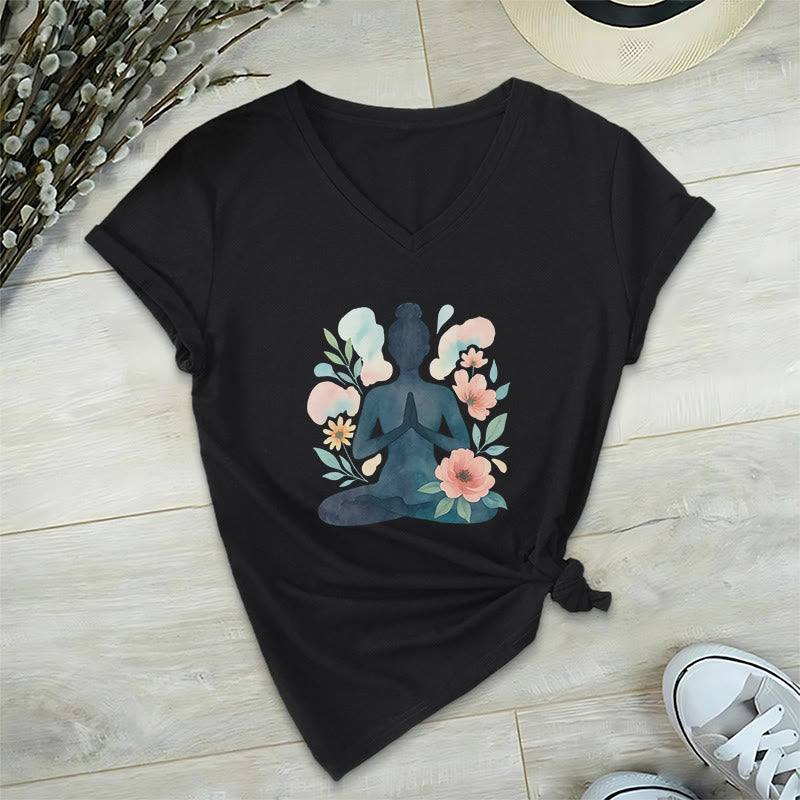 Olivenorma Inner Strength - Maglietta da meditazione yoga in cotone con scollo a V - Nero - 2XL - image 3