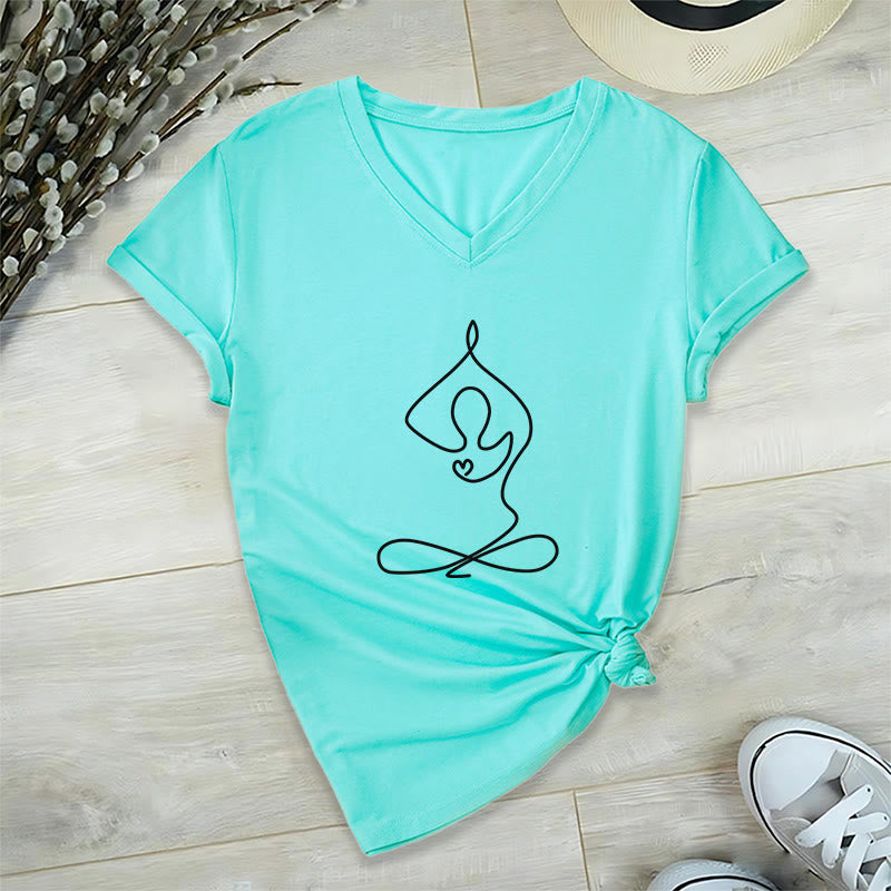 Olivenorma Focus Balance T-shirt in cotone con scollo a V per yoga e meditazione - Lago Blu - 2XL - image 13