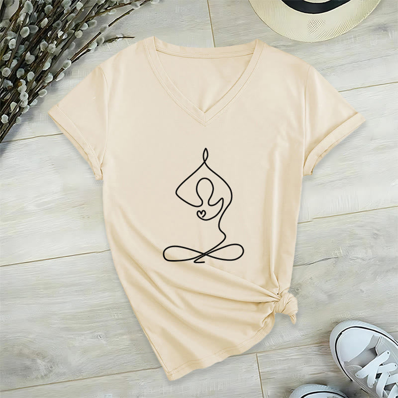 Olivenorma Focus Balance T-shirt in cotone con scollo a V per yoga e meditazione - Cachi - 2XL - image 15