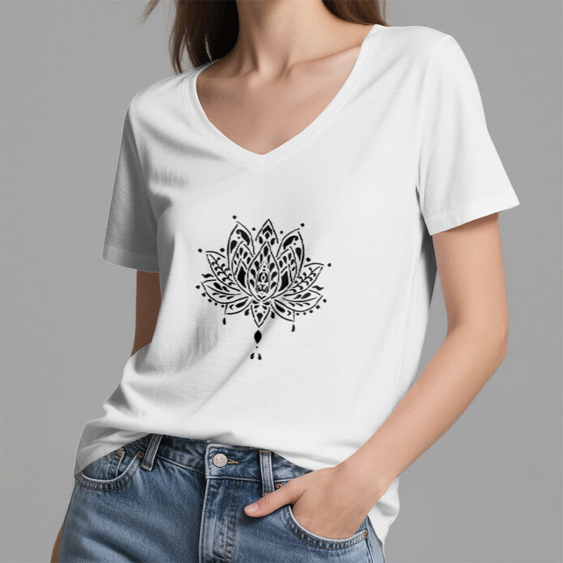 Olivenorma Mandala Energy Harmony T-shirt in cotone con scollo a V per yoga e meditazione - image 4