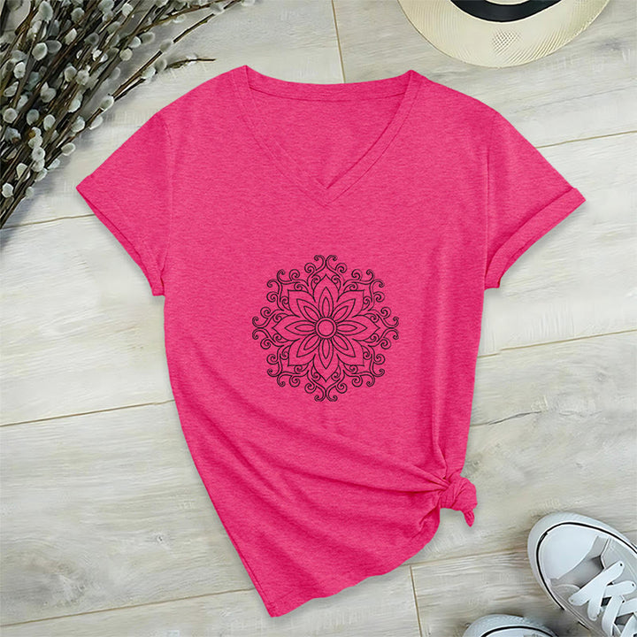Olivenorma Mandala Inner Strength T-shirt in cotone con scollo a V per yoga e meditazione - Rosa rossa - 2XL - image 25